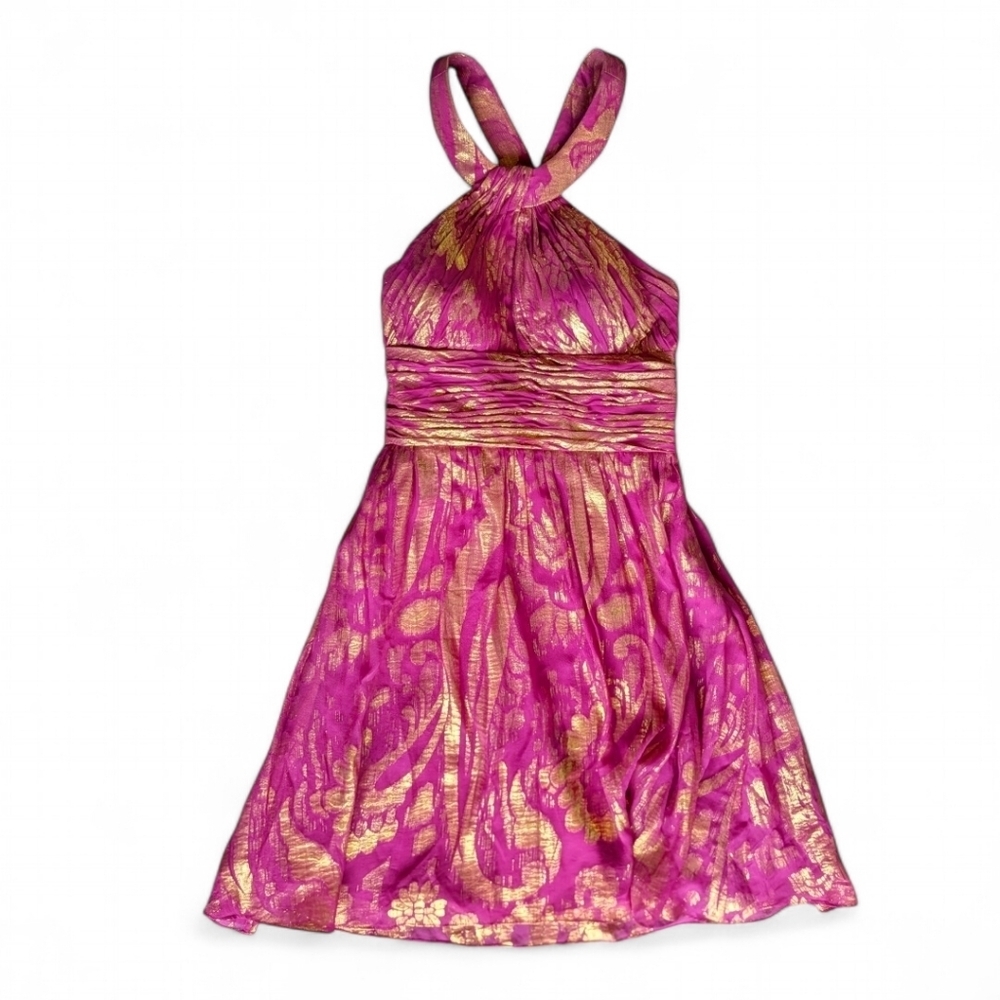 Aidan Mattox Silk Foil Magenta Metallic Gold Dress Crossback Back Halter Sz‎ 2